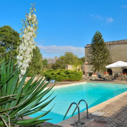 Piscine d'été de l’hôtel et transats
